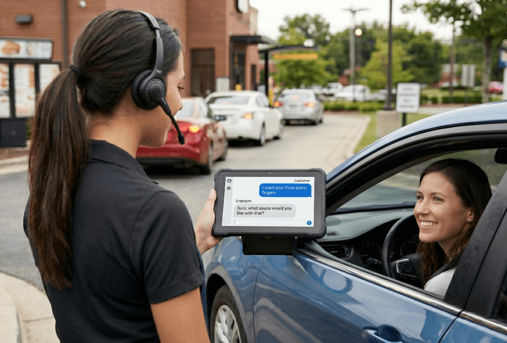 Crew member with a headset taking an order on a tablet at the driver's window.